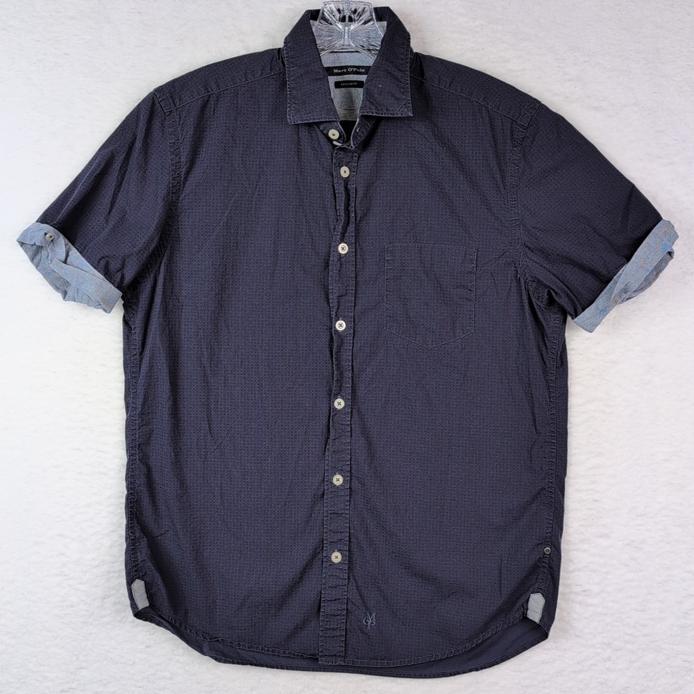 MARC O‎ POLO Navy Pattern Shirt Short Sleeve Cuff Casual Cotton Mens Medium